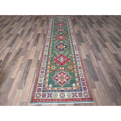 2'8"X9'10" Green Kazak Geometric Design Hand Knotted Soft Wool Runner Rug