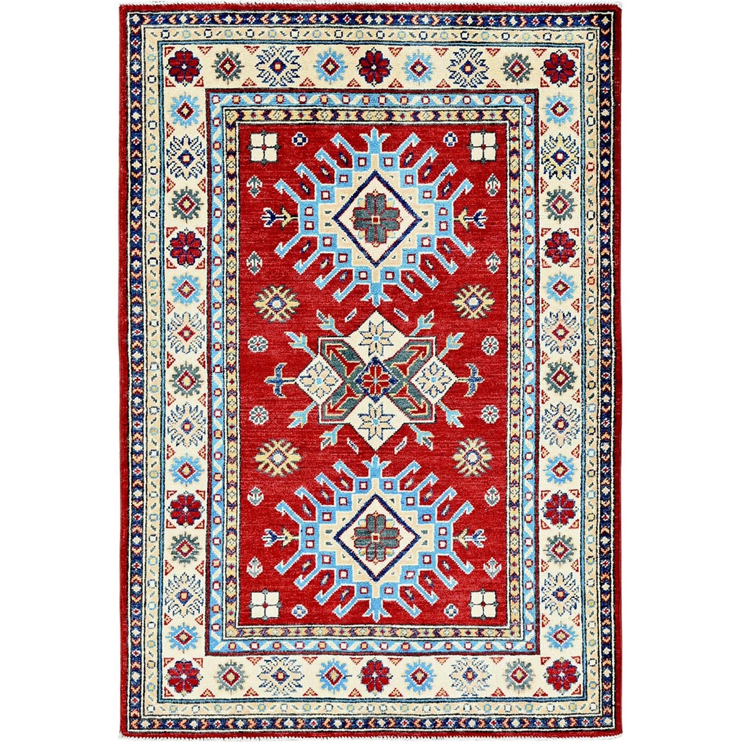3'5"X5' Berry Red Kazak With Geometric Pattern Hand Knotted Pure Wool Rug