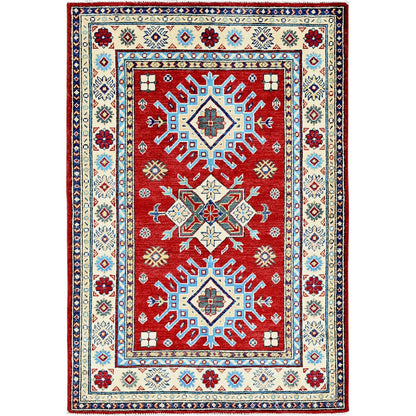 3'5"X5' Berry Red Kazak With Geometric Pattern Hand Knotted Pure Wool Rug