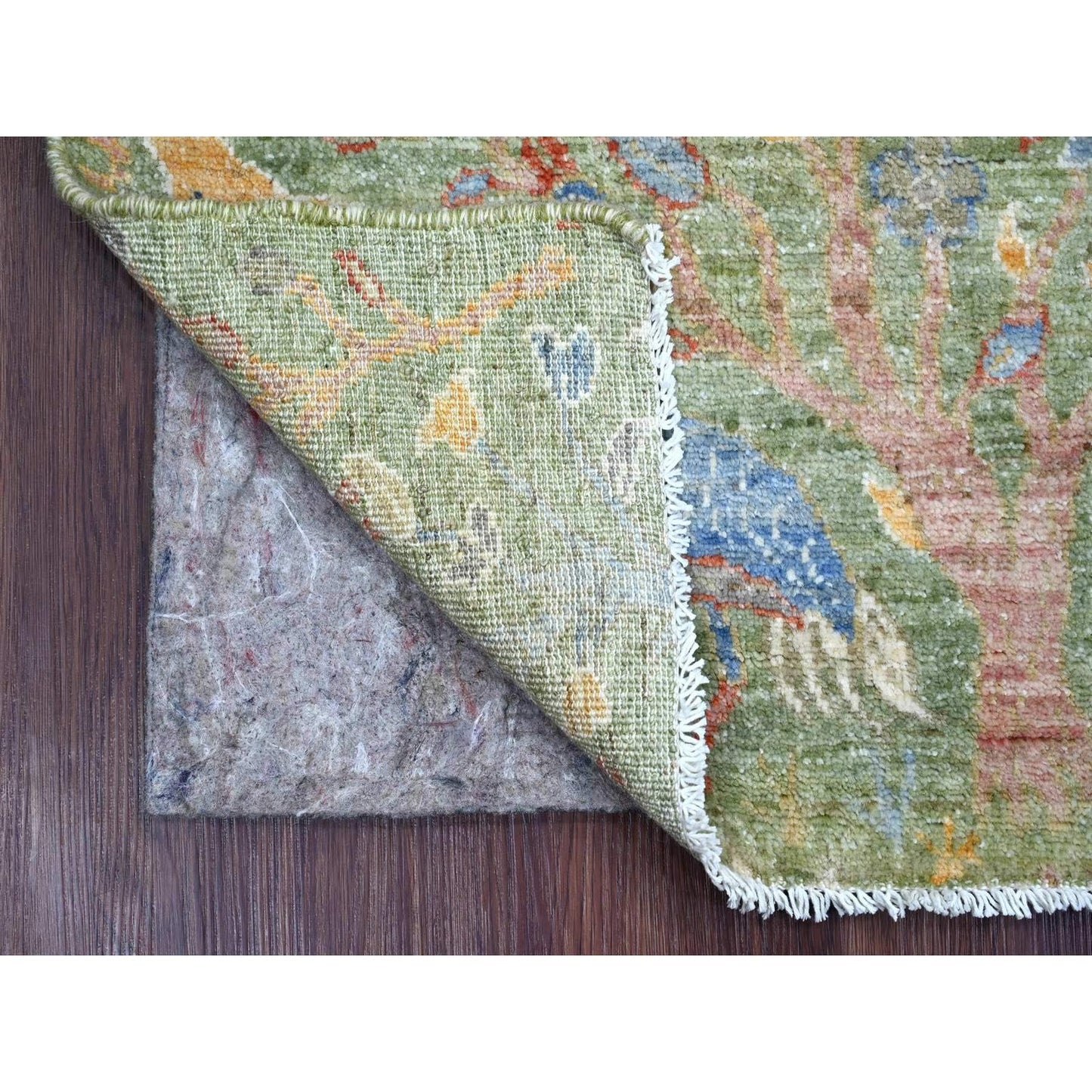 2'2"X3' Green Hand Knotted Rug Peshawar Birds Of Paradise Design Wool Mat