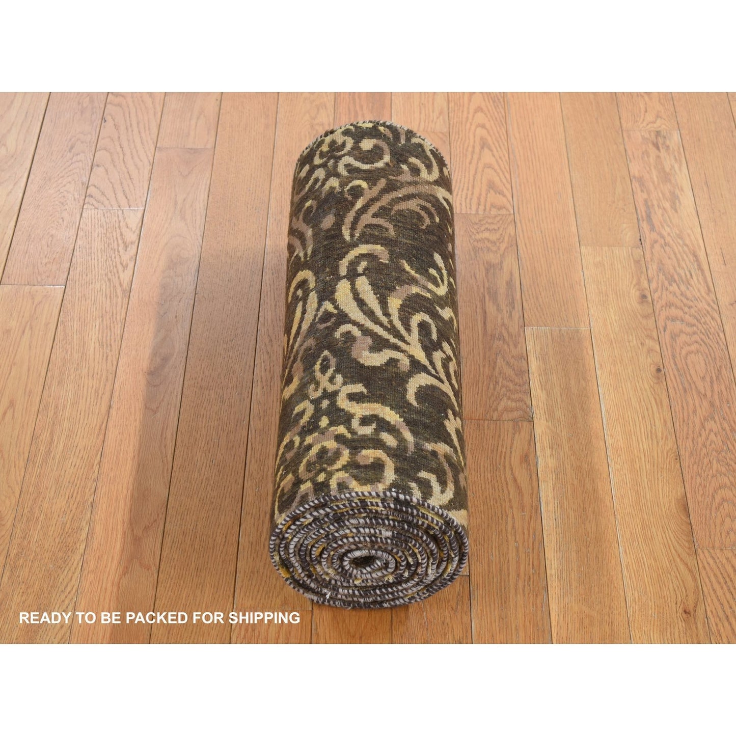 2'x9'10" Brown Hand Knotted Damask Tone on Tone Wool and Silk Runner Rug