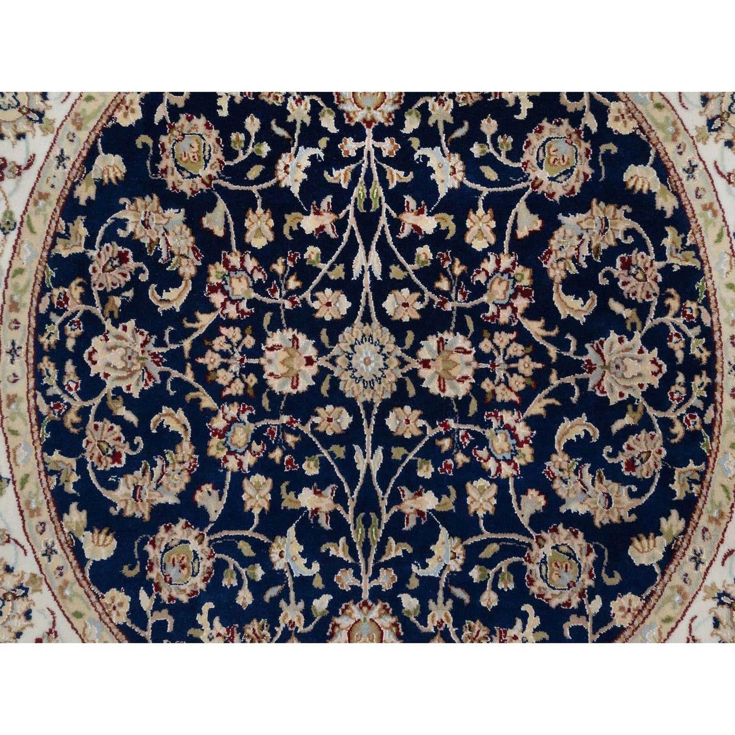5'X5' Navy Nain With Flower Design Wool And Silk Hand Knotted Round Rug