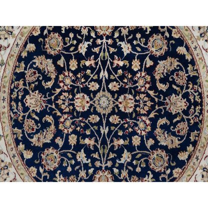 5'X5' Navy Nain With Flower Design Wool And Silk Hand Knotted Round Rug