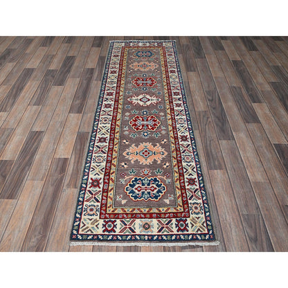 2'X6'5" Gray Kazak With Tribal Design Soft Wool Hand Knotted Runner Rug