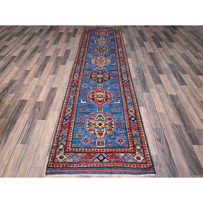 2'8"X9'7" Blue Afghan Caucasian Design Revival Wool Hand Knotted Runner Rug