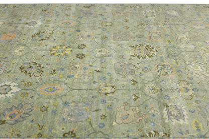 Carpet 9x12 ft Hand-Knotted Floral Green Chobi Design Oriental Rug Large