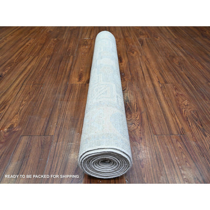 4'X12'2" Gray White Wash Peshawar Wool Hand Knotted Runner Oriental Rug