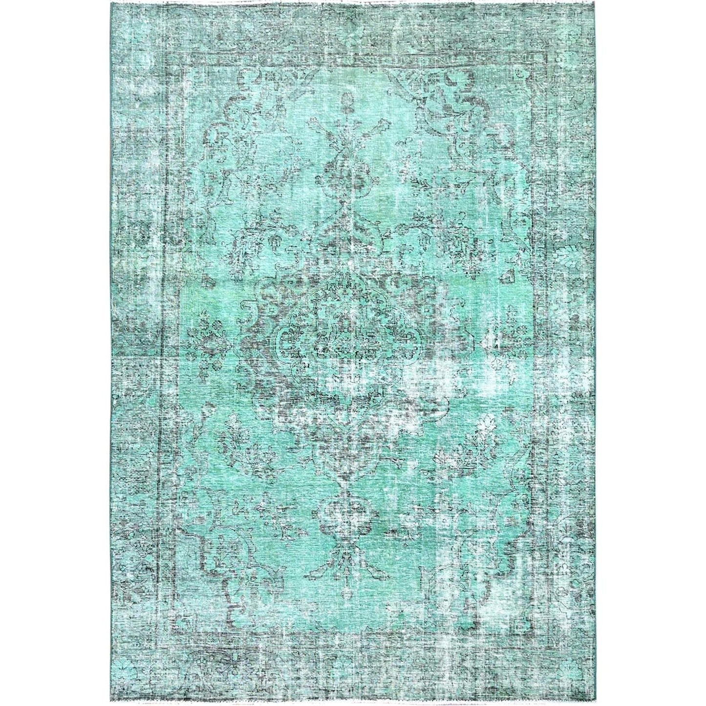6'1"X9' Green Worn Wool Hand Knotted Overdyed Old Zoroastrian Tebraz Rug