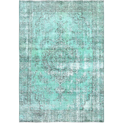 6'1"X9' Green Worn Wool Hand Knotted Overdyed Old Zoroastrian Tebraz Rug