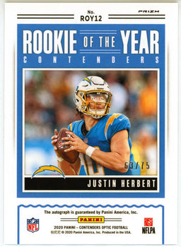 Justin Herbert 2020 Panini Contenders Optic Rookie Of The Year Blue Prizm Card #