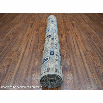 4'1"X9'7" Gray Turkeman Ersari Pure Wool Hand Knotted Wide Runner Rug
