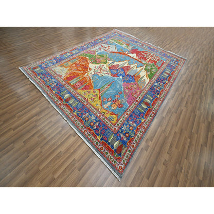 8'X10' Blue Pictorial Mountain, Tree Scenery Design Hand Knotted Wool Rug