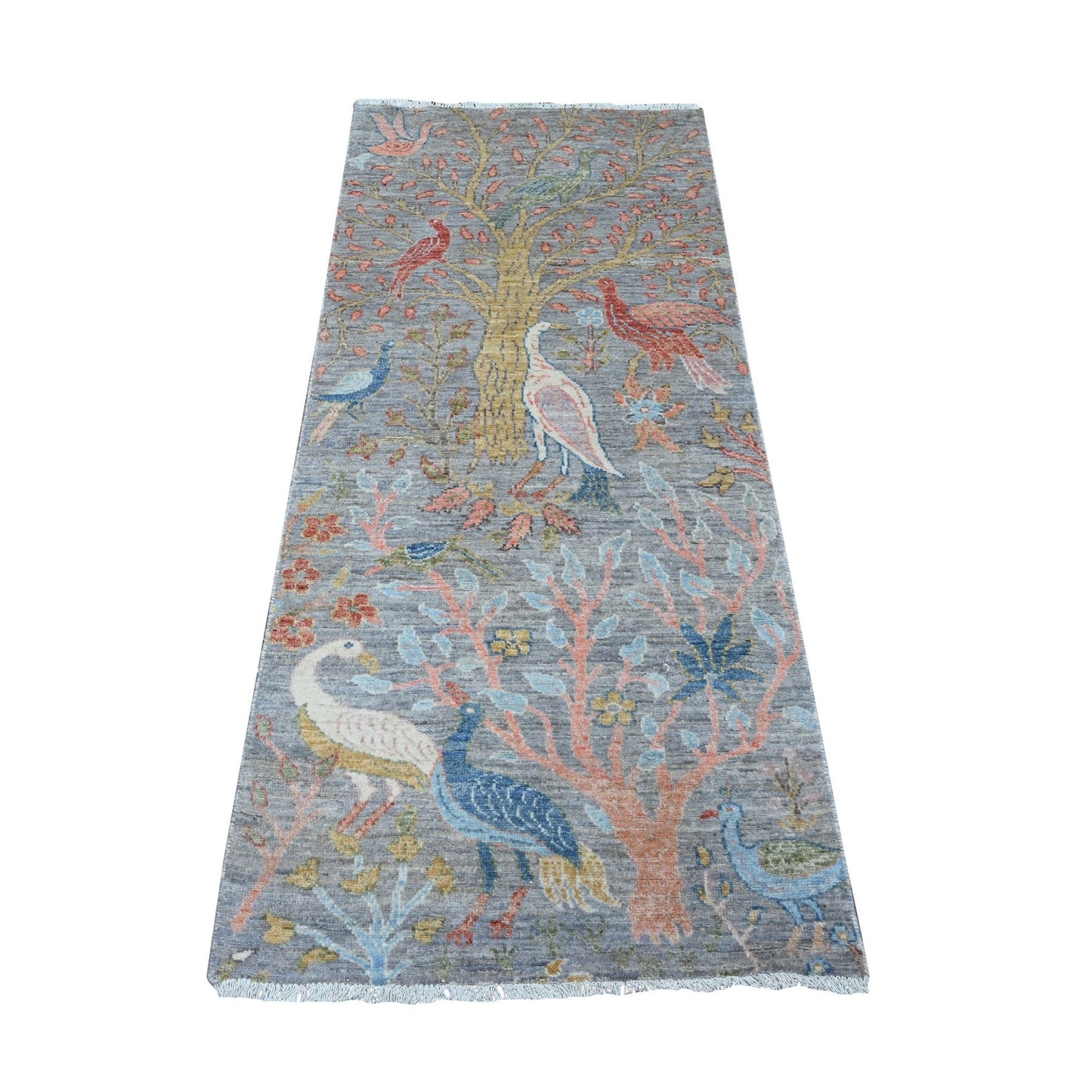 2'6"X5'9" Dolphin Gray Hand Knotted Peshawar Birds Paradise Runner Rug