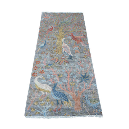 2'6"X5'9" Dolphin Gray Hand Knotted Peshawar Birds Paradise Runner Rug