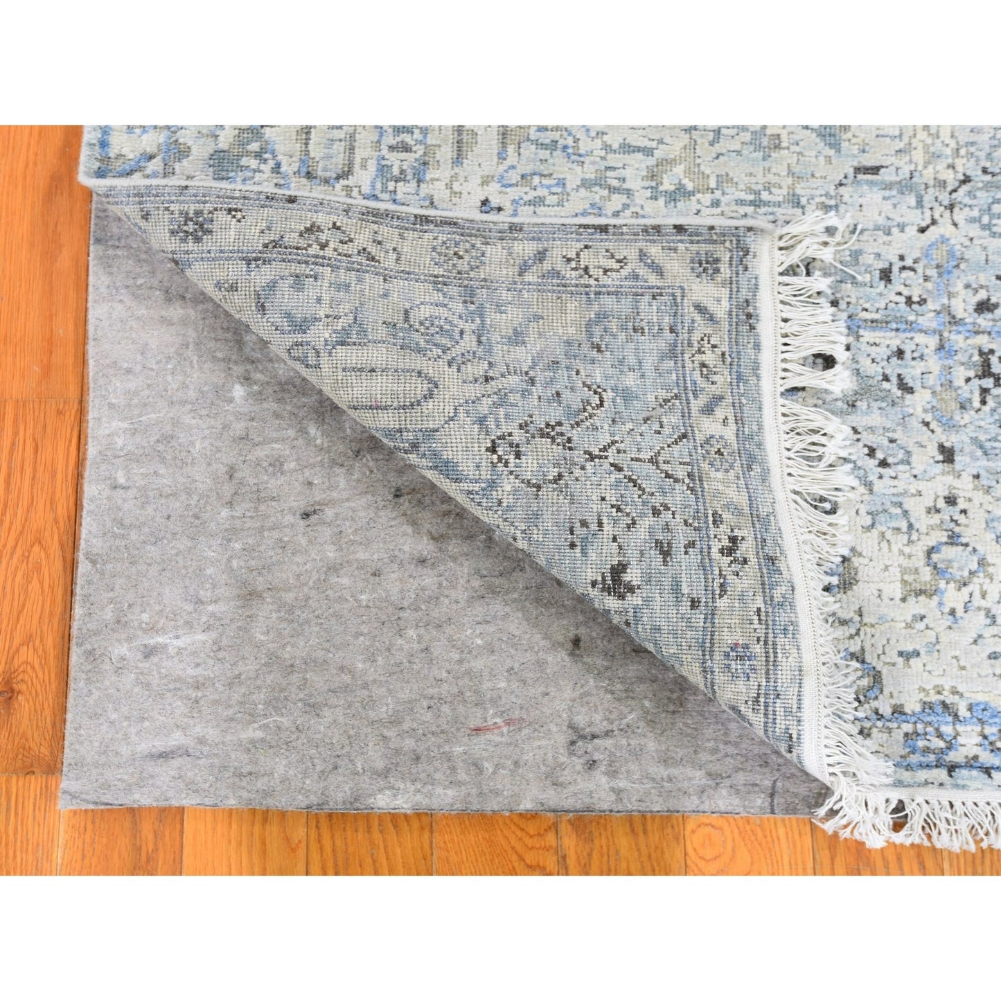 4'X6' Blue Pure Silk With Textured Wool Distressed Oushak Handknotted Rug