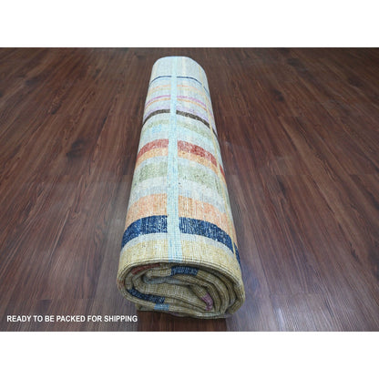 7'10"X9'9" Gray Criss Cross Colorful Line Design Hand Knotted Wool Rug