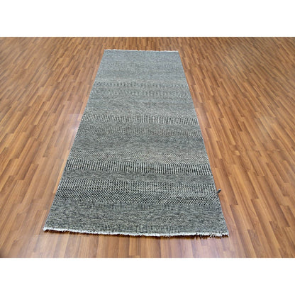 4'X10'2" Gray Modern Undyed Wool Grass Hand Knotted Wide Runner Rug