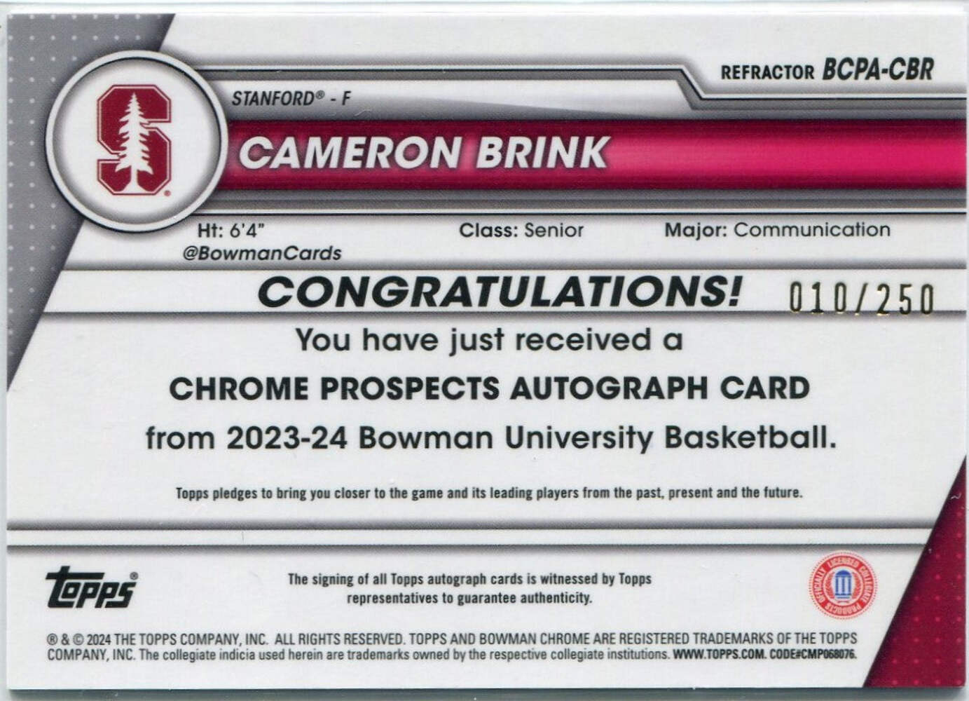 Cameron Brink 2023 - 2024 Bowman University Chrome Autographed Refractor Rc 10/2