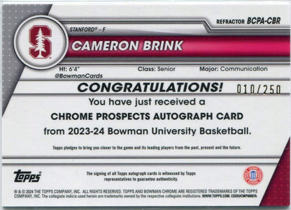 Cameron Brink 2023 - 2024 Bowman University Chrome Autographed Refractor Rc 10/2