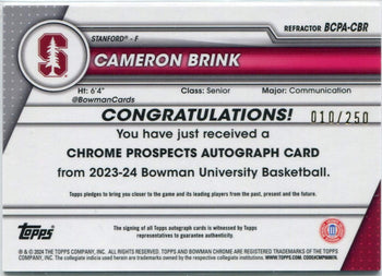 Cameron Brink 2023 - 2024 Bowman University Chrome Autographed Refractor Rc 10/2