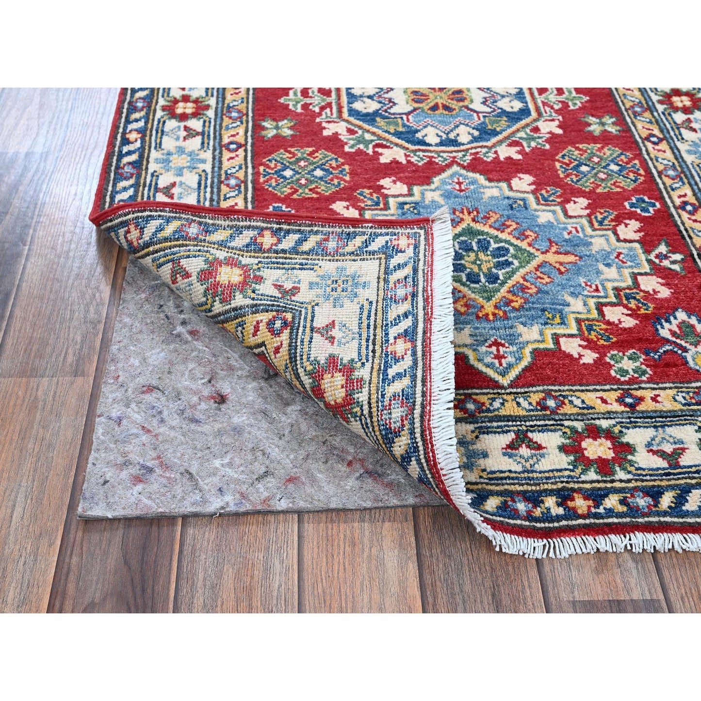 2'9"X6'4" Red Kazak With Medallion Design Hand Knotted Soft Wool Runner Rug