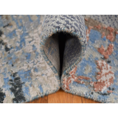 9'X12'2" Blue Modern Brick Design Hand Knotted Wool And Silk Rug