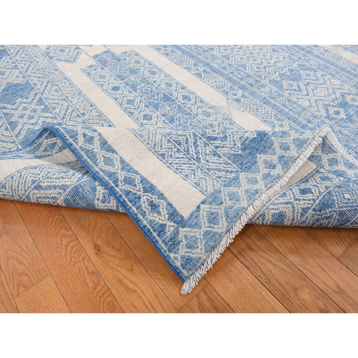 7'10"X9'8" Medium Sapphire Blue Pure Woolfine Peshawar Hand Knotted Rug