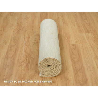 4'1"X10' White Plain Design Wool Hand Knotted Plush Wide Runner Rug