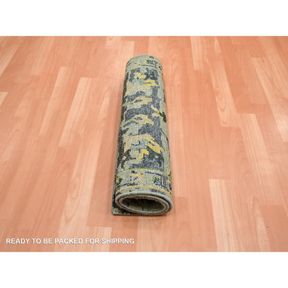 2'1"X3'6" Green Erased Zoroastrian Design Hand Knotted Pure Wool Mat Rug