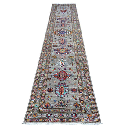 2'8"X13'2" Gray Hand Knotted Super Kazak Colorful Medallions Runner Rug