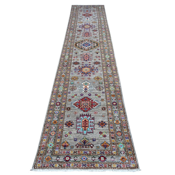 2'8"X13'2" Gray Hand Knotted Super Kazak Colorful Medallions Runner Rug