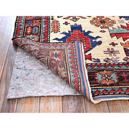 5'2"X6'8" Ivory Afghan Caucasian Design Revival Hand Knotted Soft Wool Rug