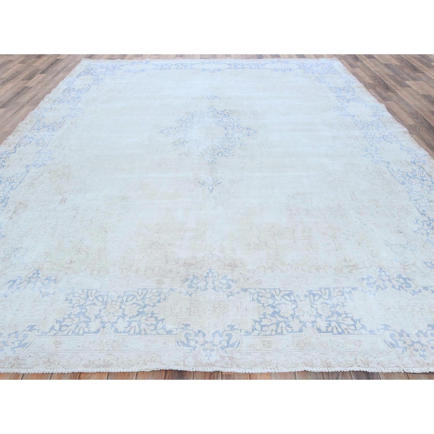 9'7"X12'9" Blue Hand Knotted Worn Wool Distressed Look Old Farsian Rug