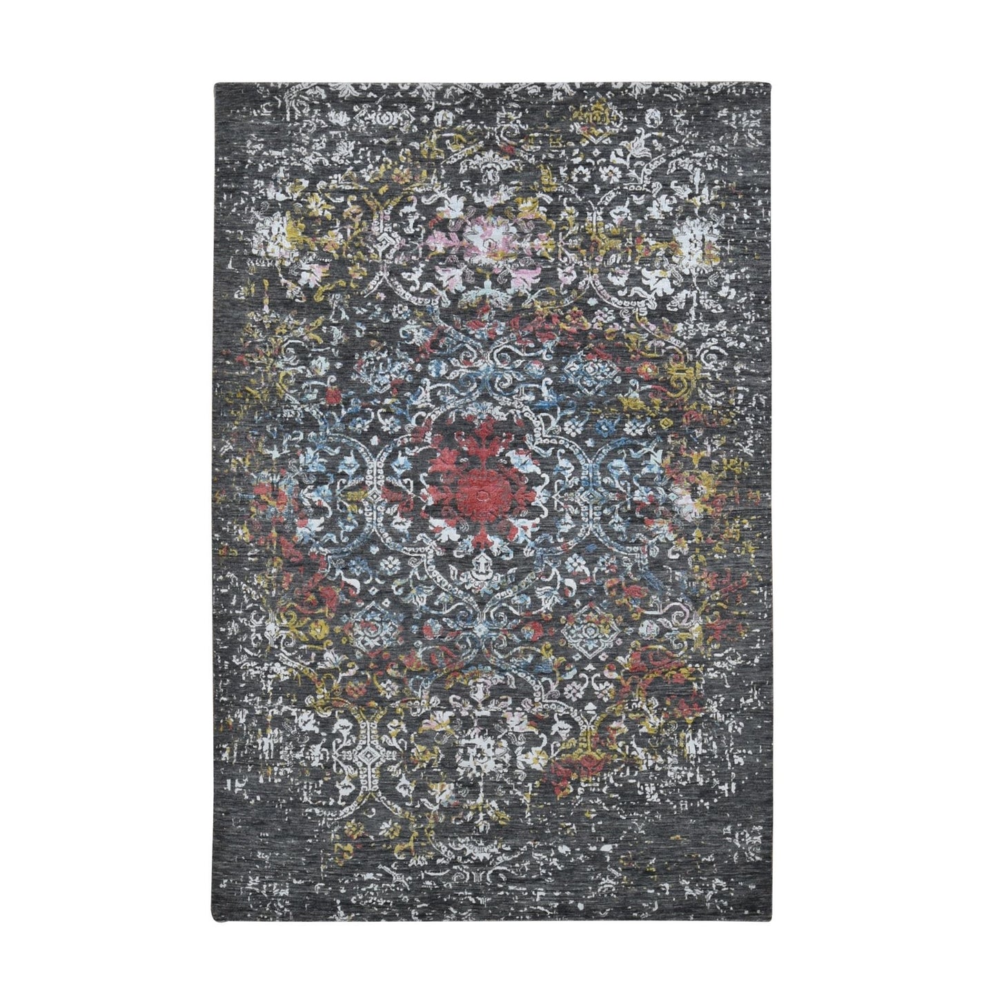 Rug 6'1"X9'2" Black Transitional Agra Design Wool and Silk Hand Knotted