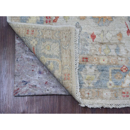 3'10"X12'3" White Angora Oushak Leaf Design Hand Knotted Wool Runner Rug
