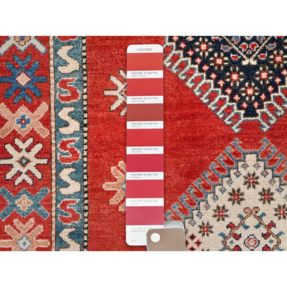 8'1"X9'9" Red Special Kazak All Over Medallions Wool Hand Knotted Rug