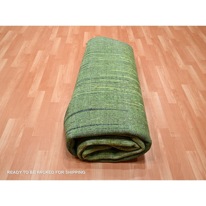 8'2"X10'3" Pickle Green Vertical Ombre Design Hand Knotted Soft Wool Rug