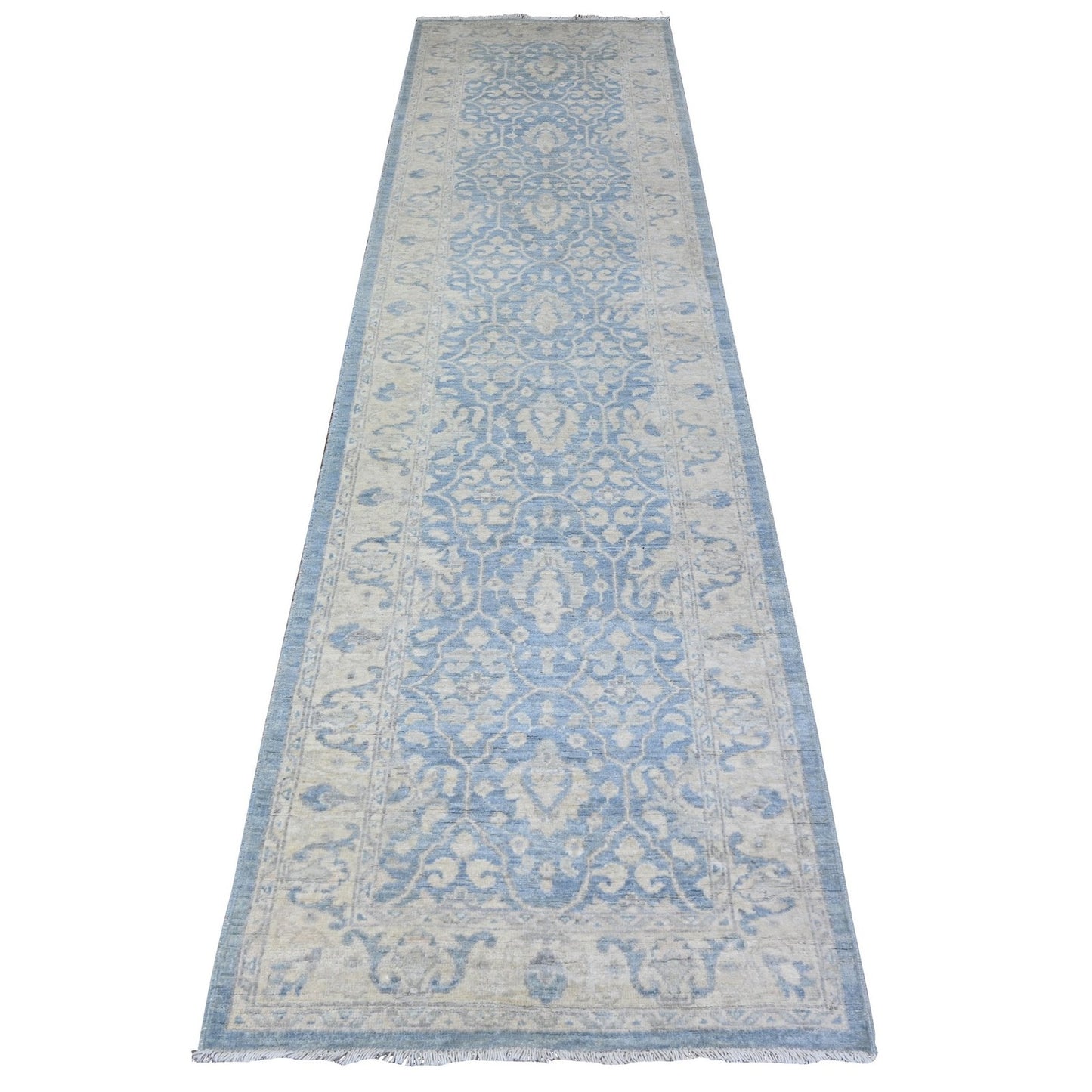2'8"X10'4" Blue Hand Knotted Natural Wool White Wash Peshawar Runner Rug