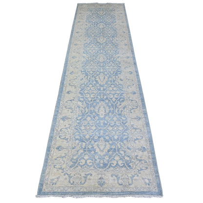 2'8"X10'4" Blue Hand Knotted Natural Wool White Wash Peshawar Runner Rug