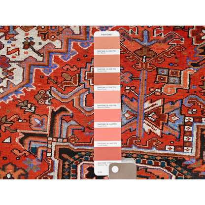 10'1"X13'2" Red Semi Antique Zoroastrian Heris Worn Wool Hand Knotted Rug