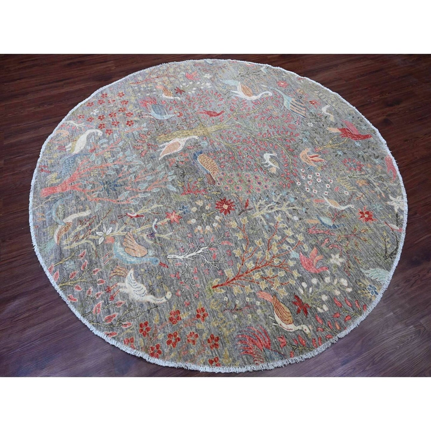 7'9"X7'9" Gray Birds Of Paradise Design Hand Knotted Soft Wool Round Rug