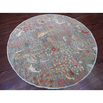 7'9"X7'9" Gray Birds Of Paradise Design Hand Knotted Soft Wool Round Rug