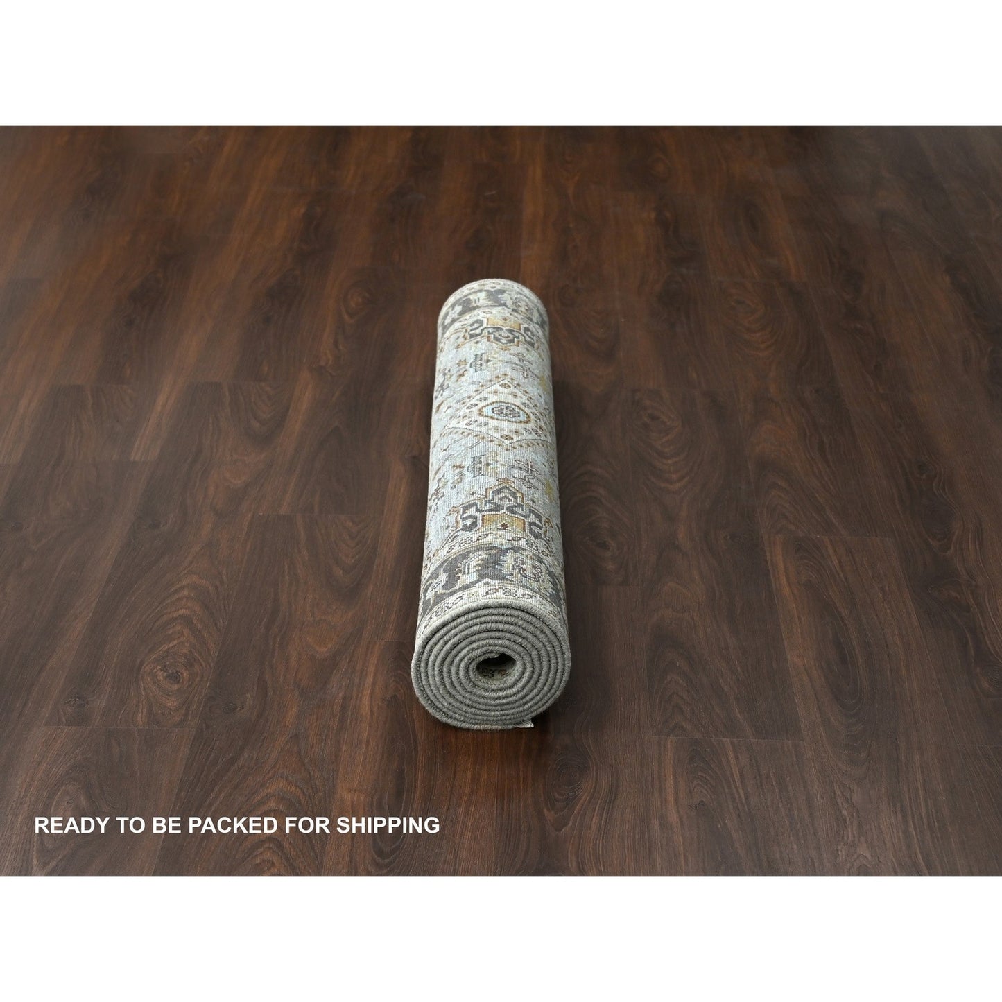 4'2"X9'10" Gray Karjihooz Design Pure Wool Hand Knotted Wide Runner Rug