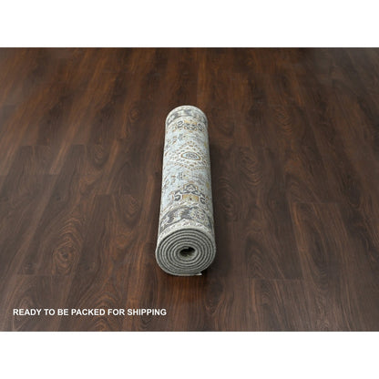 4'2"X9'10" Gray Karjihooz Design Pure Wool Hand Knotted Wide Runner Rug
