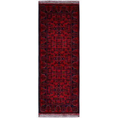 1'8"X4'9" Red Hand Knotted Afghan Khamyab Geometric Pattern Wool Runner Rug