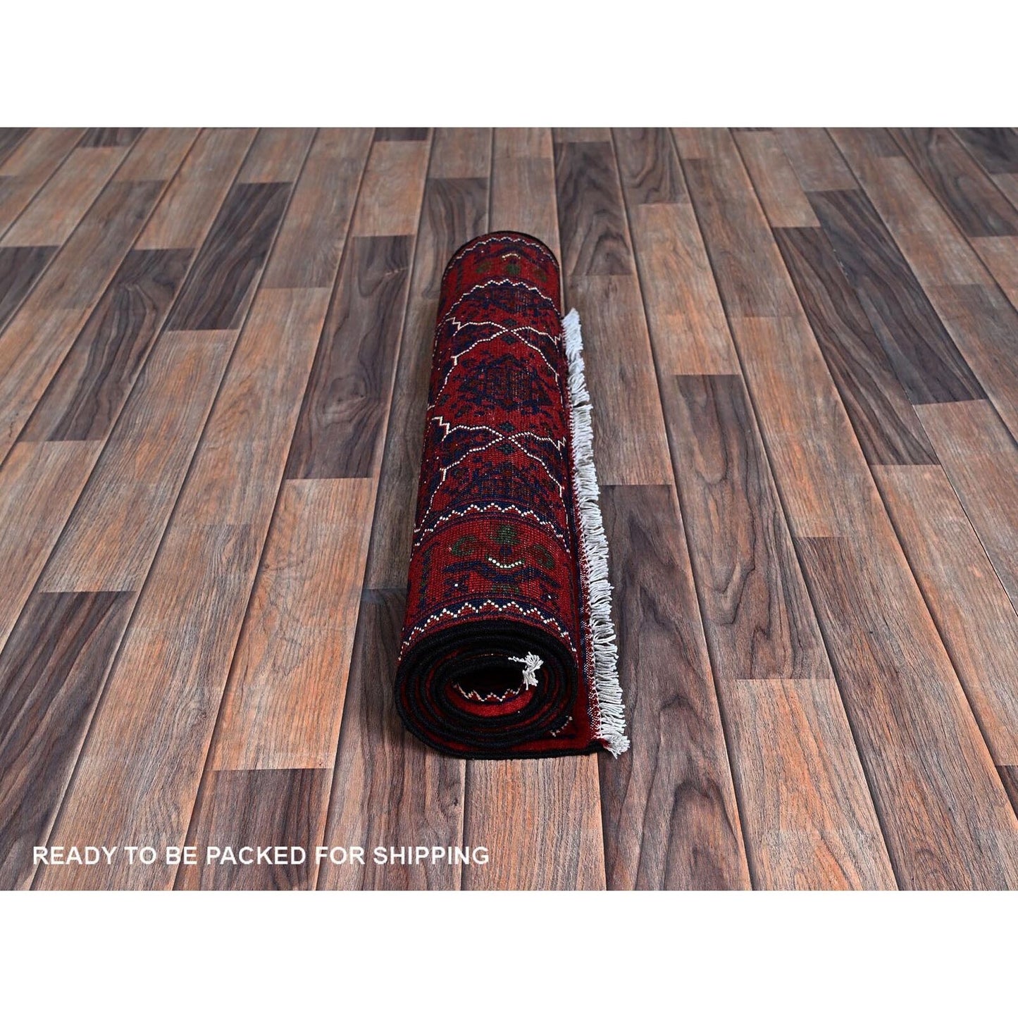 2'3"X4'8" Red Hand Knotted Geometric Afghan Khamyab Pure Wool Runner Rug