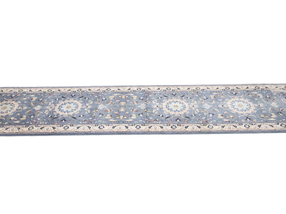 Blue-Gray Indo-Nain Wool Runner Rug Floral
