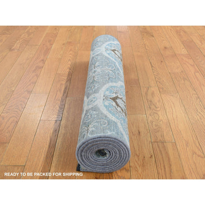 2'7"X9'10" Gray Mughal Design Silk With Wool Hand Knotted Runner Rug