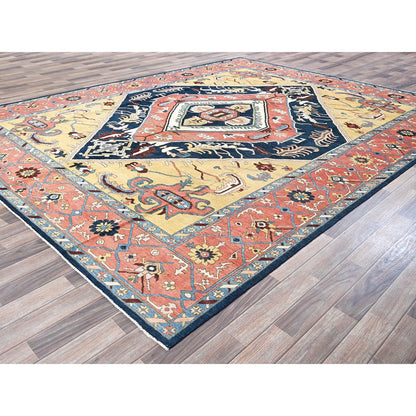 9'X11'8" Yellow Peshawar With Seeripe Heris Design Wool Hand Knotted Rug