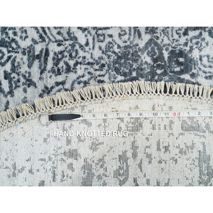 6'X6' Ice Gray Wool And Silk Broken And Erased Hand Knotted Oriental Rug